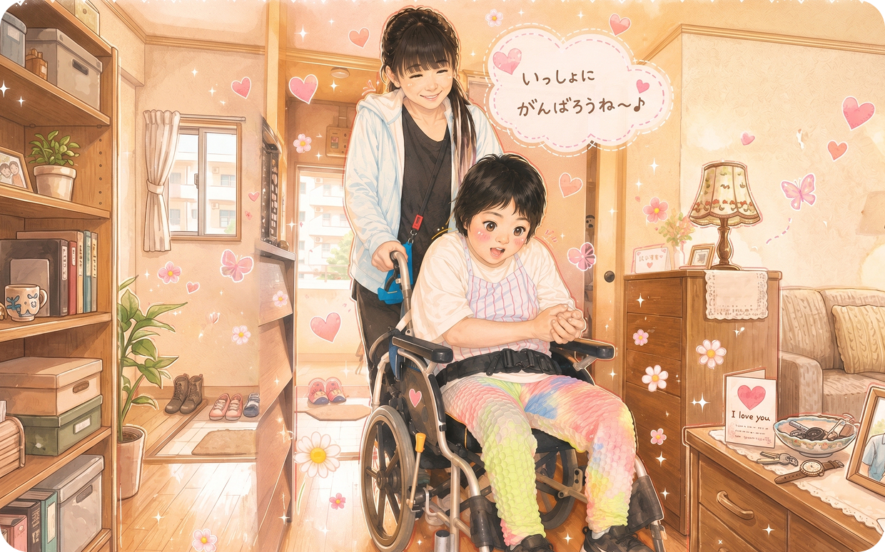 車いすに乗っている子どもと介護士