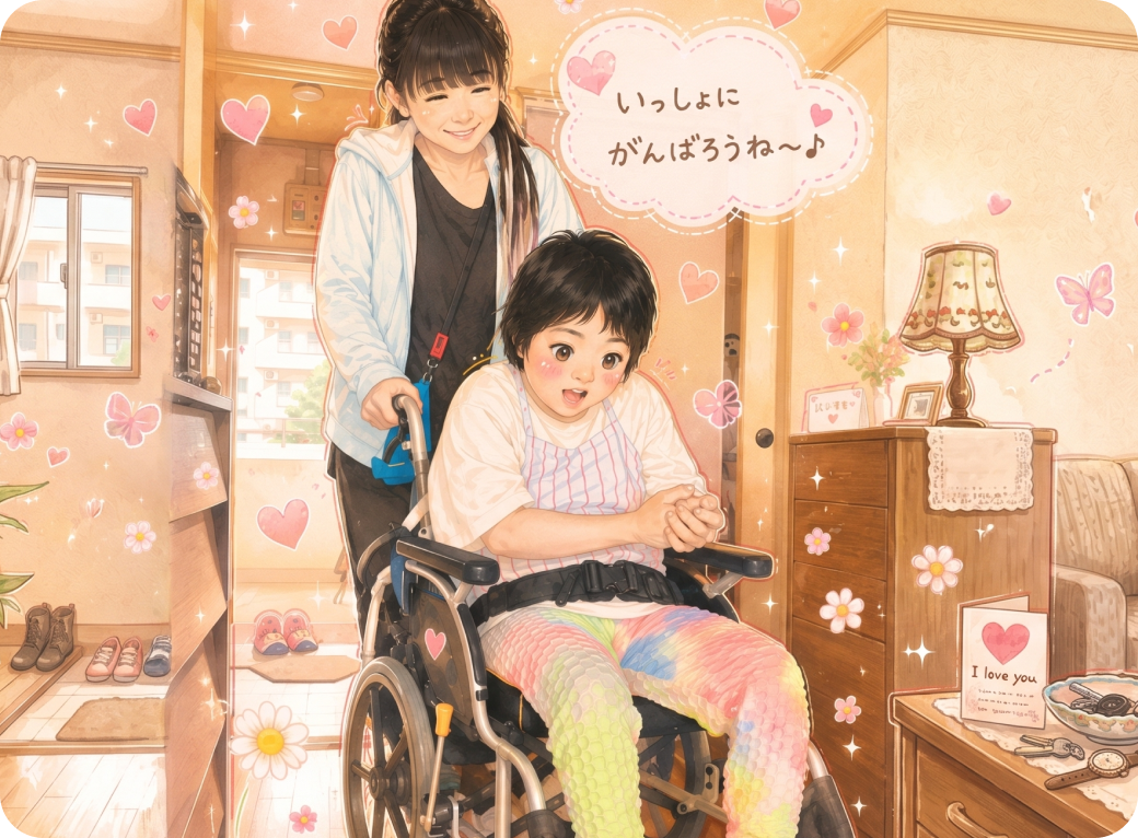 車いすに乗っている子どもと介護士